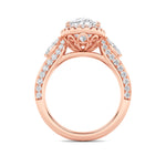 3CTW Oval Shaped Lab Grown Diamond (F/VS) Three Stone Halo Enagement Ring in 14K Gold