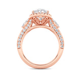 3CTW Oval Shaped Lab Grown Diamond (F/VS) Three Stone Halo Enagement Ring in 14K Gold