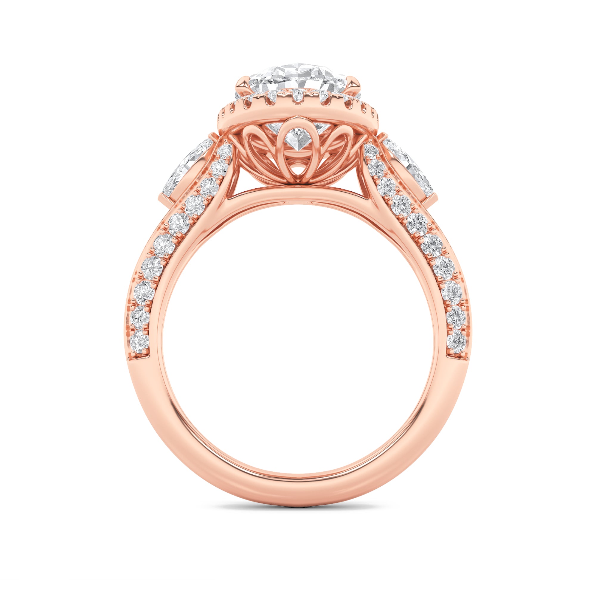 3CTW Oval Shaped Lab Grown Diamond (F/VS) Three Stone Halo Enagement Ring in 14K Gold