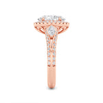 3CTW Oval Shaped Lab Grown Diamond (F/VS) Three Stone Halo Enagement Ring in 14K Gold