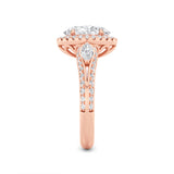 3CTW Oval Shaped Lab Grown Diamond (F/VS) Three Stone Halo Enagement Ring in 14K Gold
