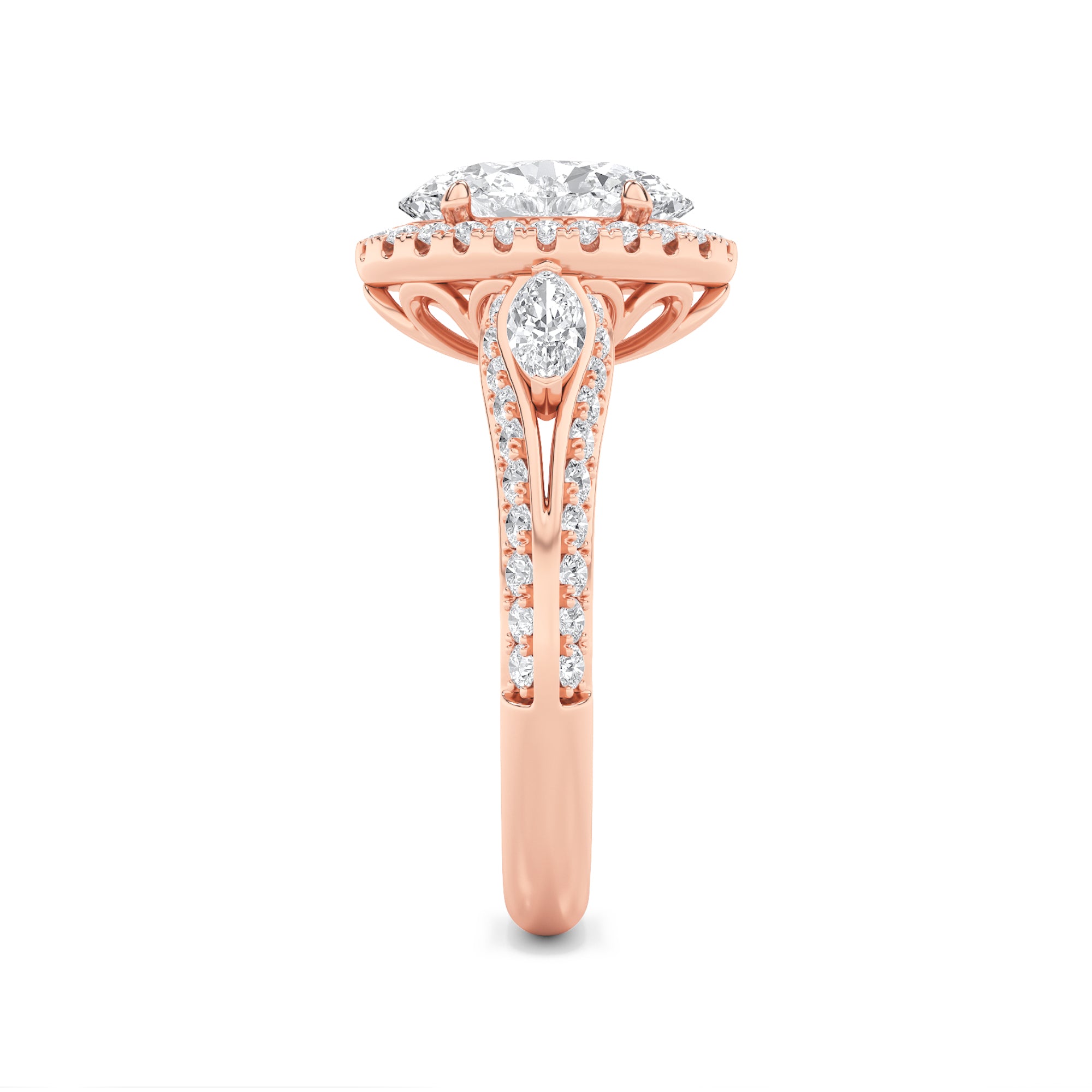 3CTW Oval Shaped Lab Grown Diamond (F/VS) Three Stone Halo Enagement Ring in 14K Gold