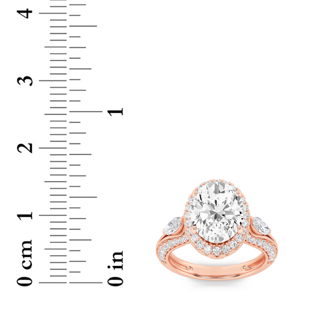 3CTW Oval Shaped Lab Grown Diamond (F/VS) Three Stone Halo Enagement Ring in 14K Gold