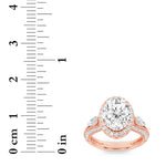 3CTW Oval Shaped Lab Grown Diamond (F/VS) Three Stone Halo Enagement Ring in 14K Gold
