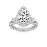 3CTW Pear Shaped Lab Grown Diamond (F/VS) Three Stone Halo Enagement Ring in 14K Gold