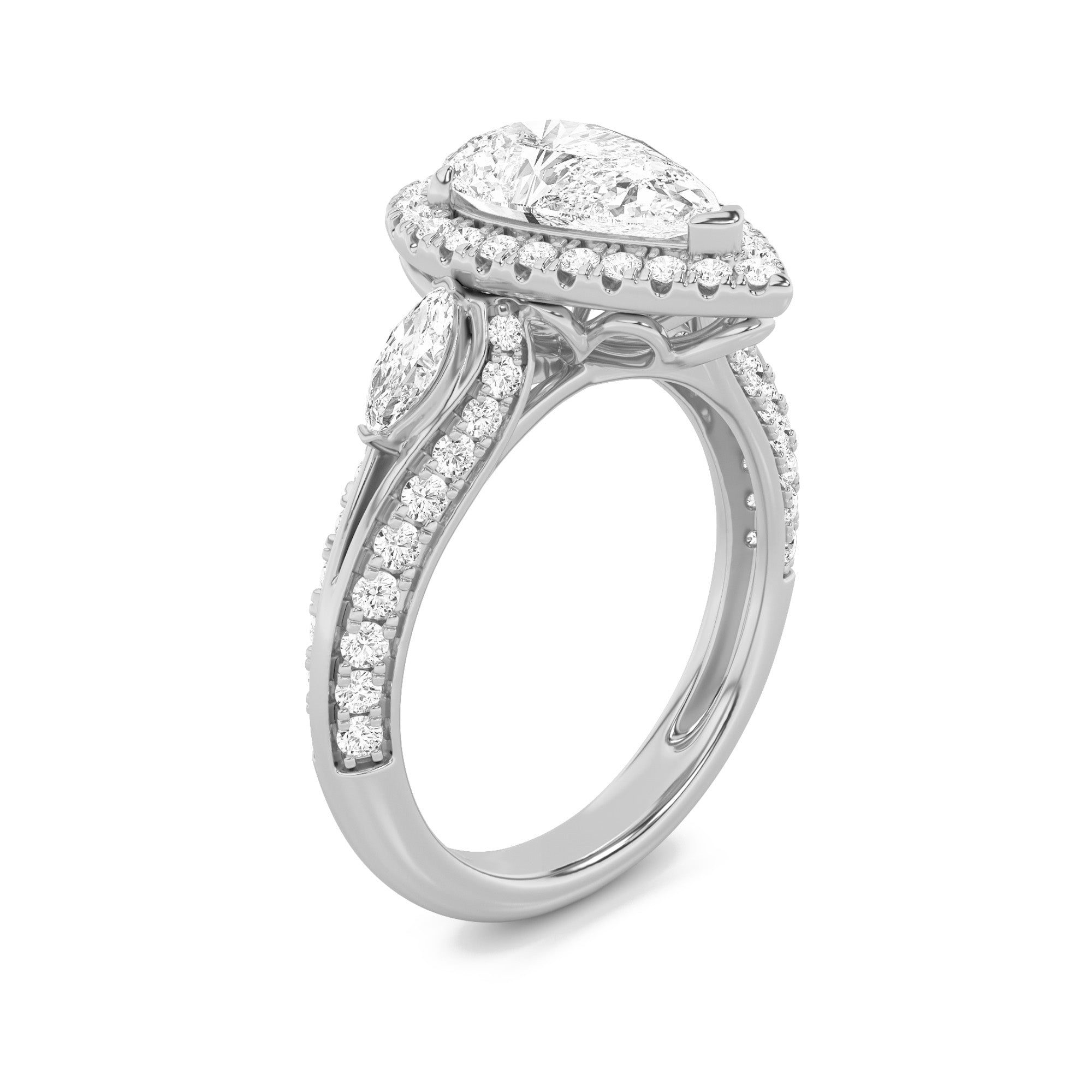 3CTW Pear Shaped Lab Grown Diamond (F/VS) Three Stone Halo Enagement Ring in 14K Gold