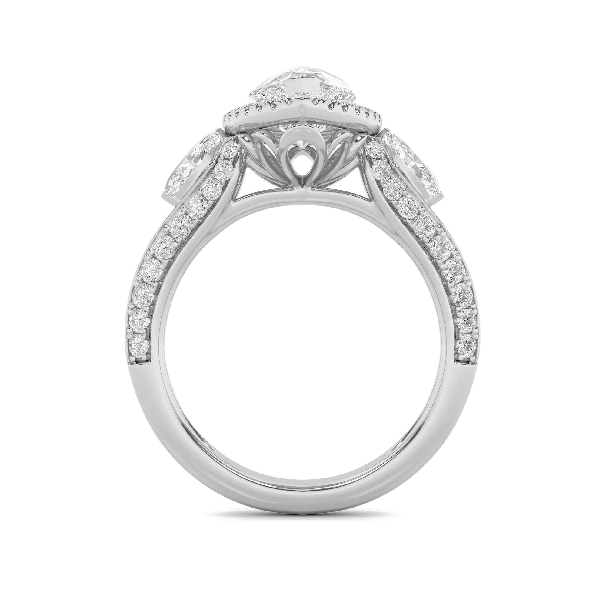3CTW Pear Shaped Lab Grown Diamond (F/VS) Three Stone Halo Enagement Ring in 14K Gold