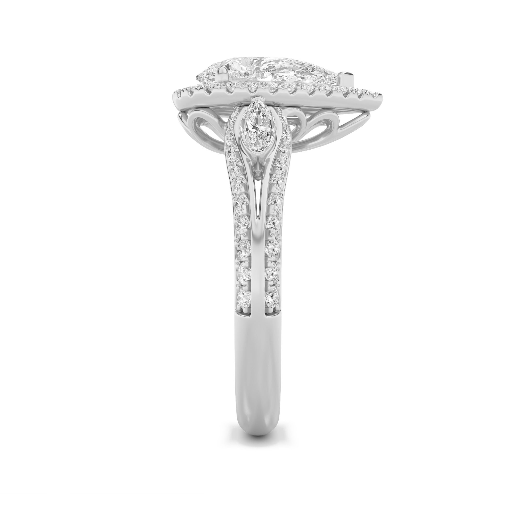 3CTW Pear Shaped Lab Grown Diamond (F/VS) Three Stone Halo Enagement Ring in 14K Gold