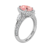3CTW Pear Shaped Lab Grown Diamond (F/VS) Three Stone Halo Enagement Ring in 14K Gold