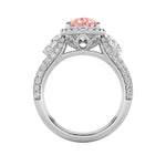 3CTW Pear Shaped Lab Grown Diamond (F/VS) Three Stone Halo Enagement Ring in 14K Gold