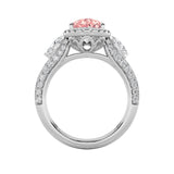 3CTW Pear Shaped Lab Grown Diamond (F/VS) Three Stone Halo Enagement Ring in 14K Gold