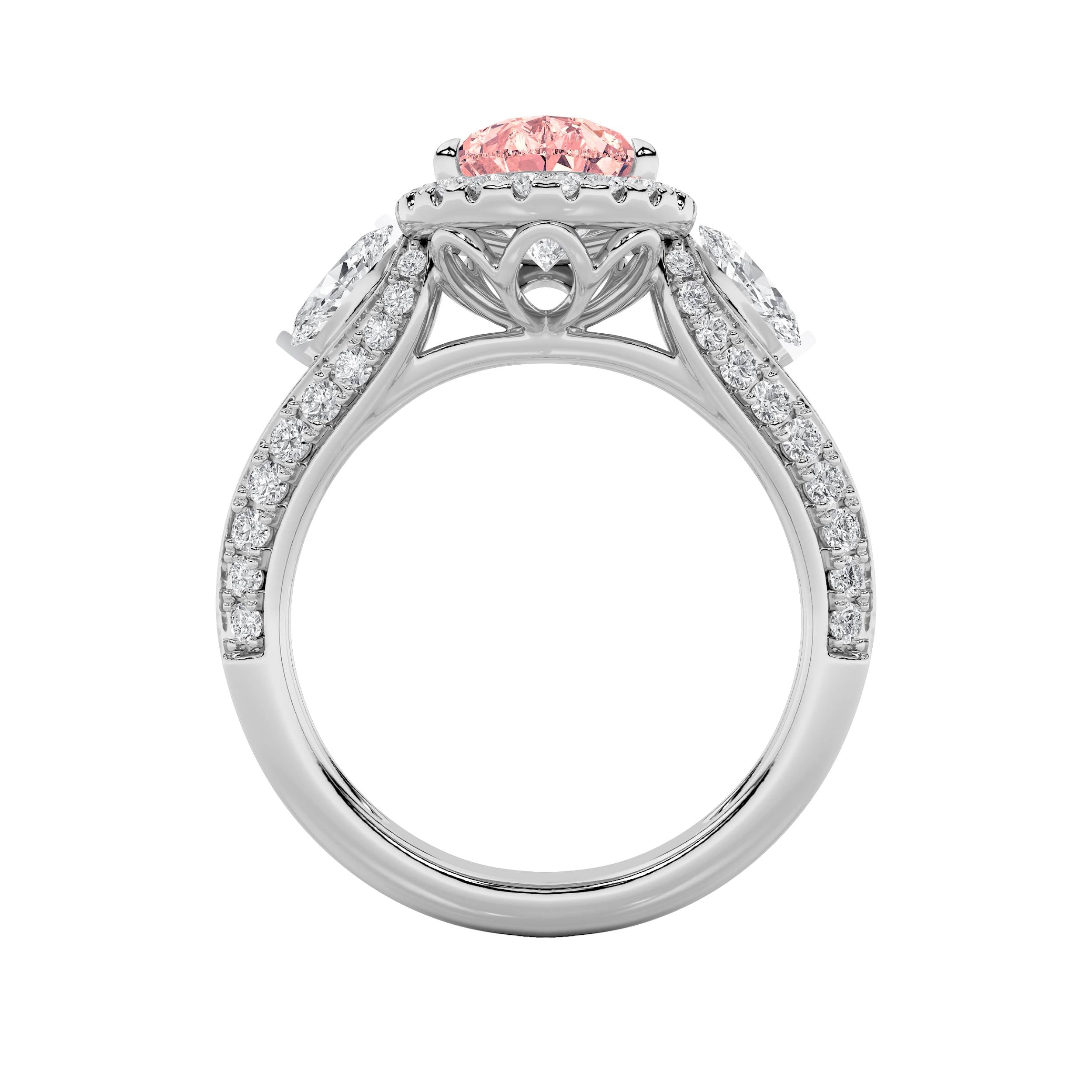 3CTW Pear Shaped Lab Grown Diamond (F/VS) Three Stone Halo Enagement Ring in 14K Gold