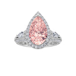 3CTW Pear Shaped Lab Grown Diamond (F/VS) Three Stone Halo Enagement Ring in 14K Gold