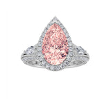 3CTW Pear Shaped Lab Grown Diamond (F/VS) Three Stone Halo Enagement Ring in 14K Gold