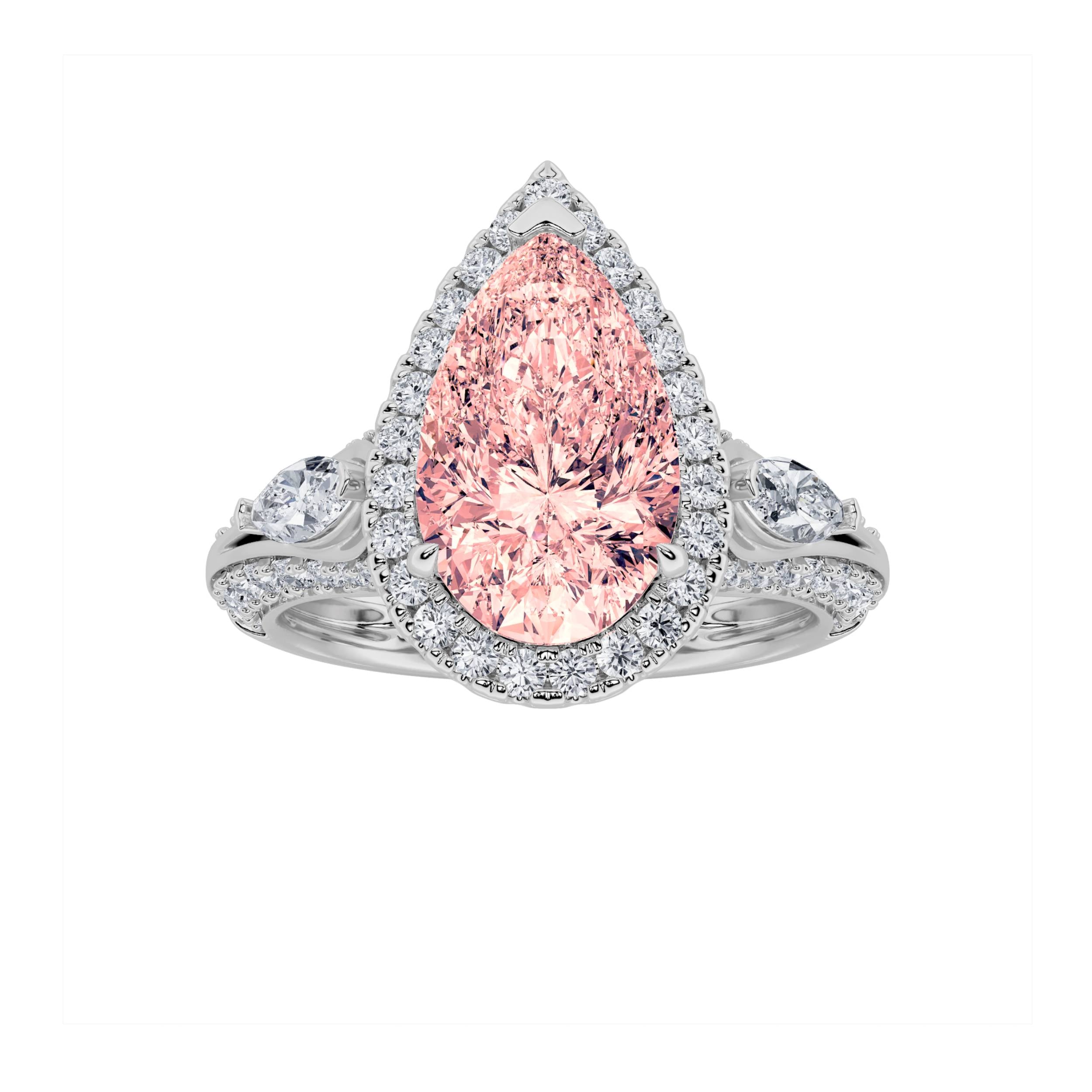 3CTW Pear Shaped Lab Grown Diamond (F/VS) Three Stone Halo Enagement Ring in 14K Gold
