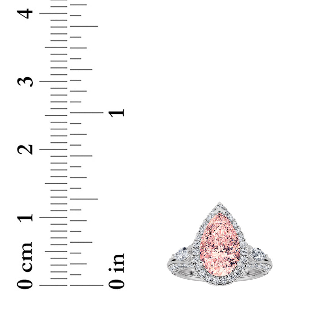 3CTW Pear Shaped Lab Grown Diamond (F/VS) Three Stone Halo Enagement Ring in 14K Gold