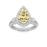 3CTW Pear Shaped Lab Grown Diamond (F/VS) Three Stone Halo Enagement Ring in 14K Gold