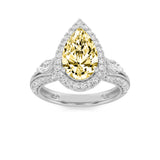 3CTW Pear Shaped Lab Grown Diamond (F/VS) Three Stone Halo Enagement Ring in 14K Gold