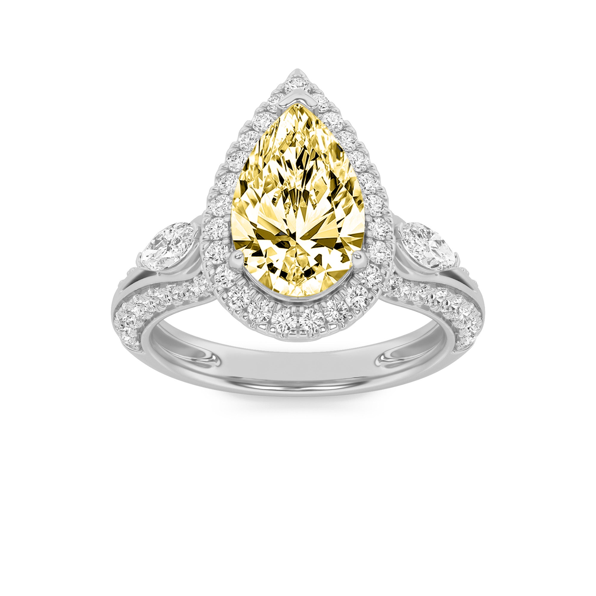 3CTW Pear Shaped Lab Grown Diamond (F/VS) Three Stone Halo Enagement Ring in 14K Gold