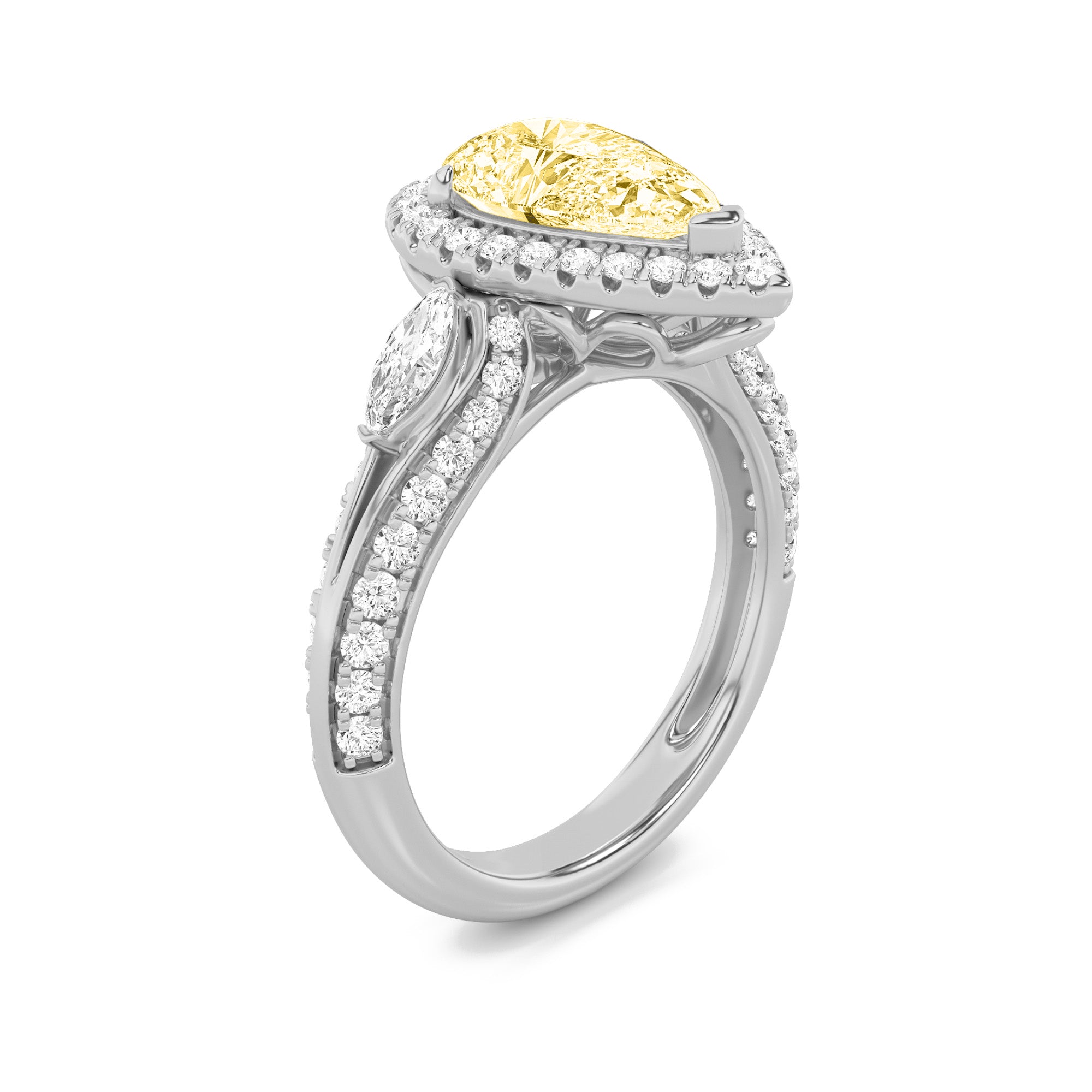 3CTW Pear Shaped Lab Grown Diamond (F/VS) Three Stone Halo Enagement Ring in 14K Gold