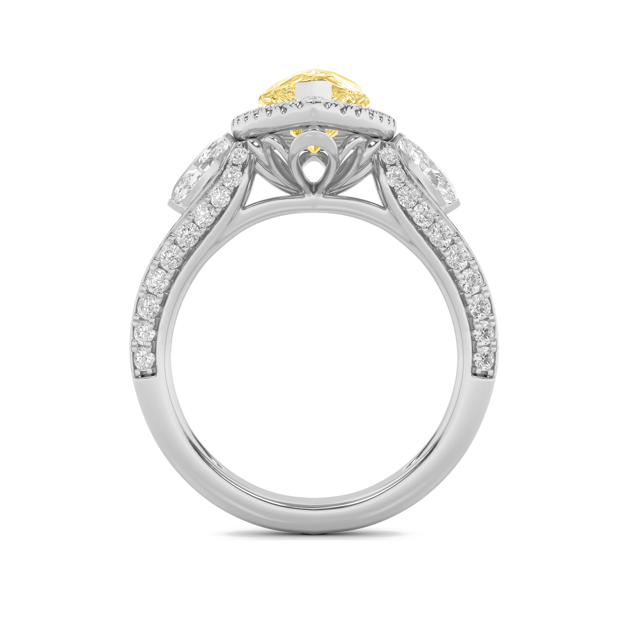 3CTW Pear Shaped Lab Grown Diamond (F/VS) Three Stone Halo Enagement Ring in 14K Gold