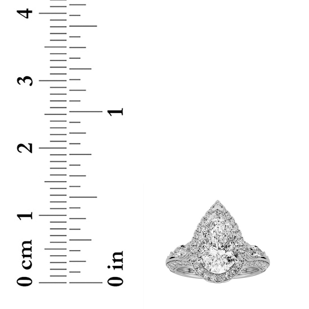 3CTW Pear Shaped Lab Grown Diamond (F/VS) Three Stone Halo Enagement Ring in 14K Gold