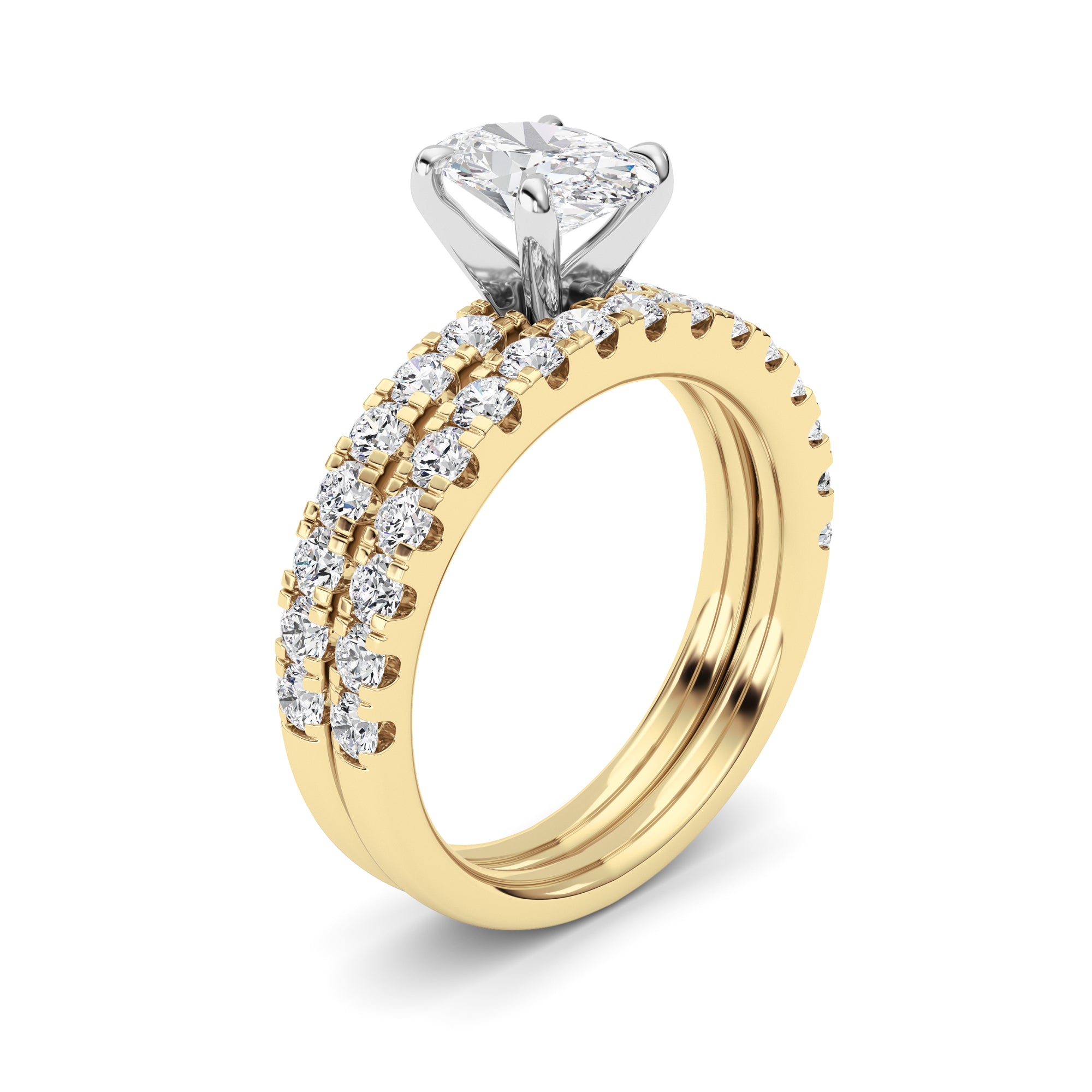 2CTW Oval Shaped Lab Grown Diamond (F/VVS) Classic Accented  Set With Band and Engagement Ring in 14K Gold