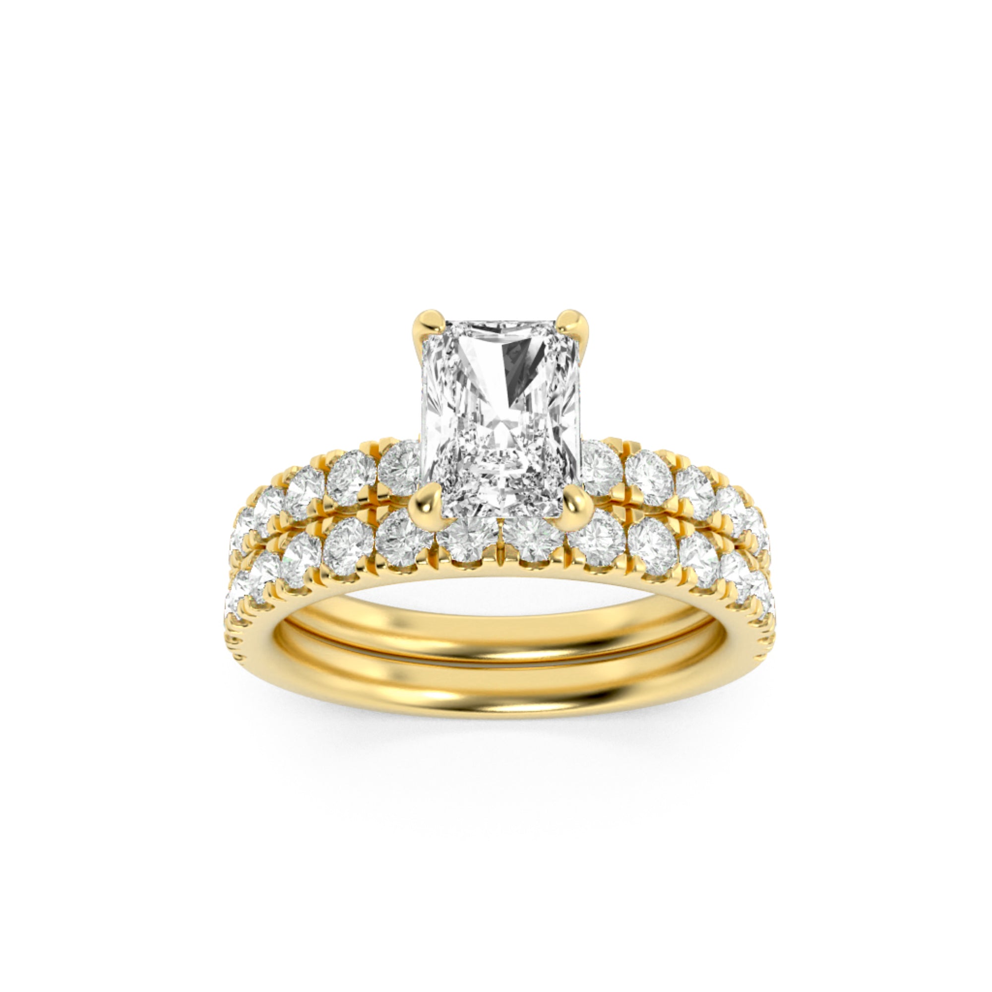 2CTW Radiant Shaped Lab Grown Diamond (F/VS) Classic Accented Set With Band and Engagement Ring in 14K Gold