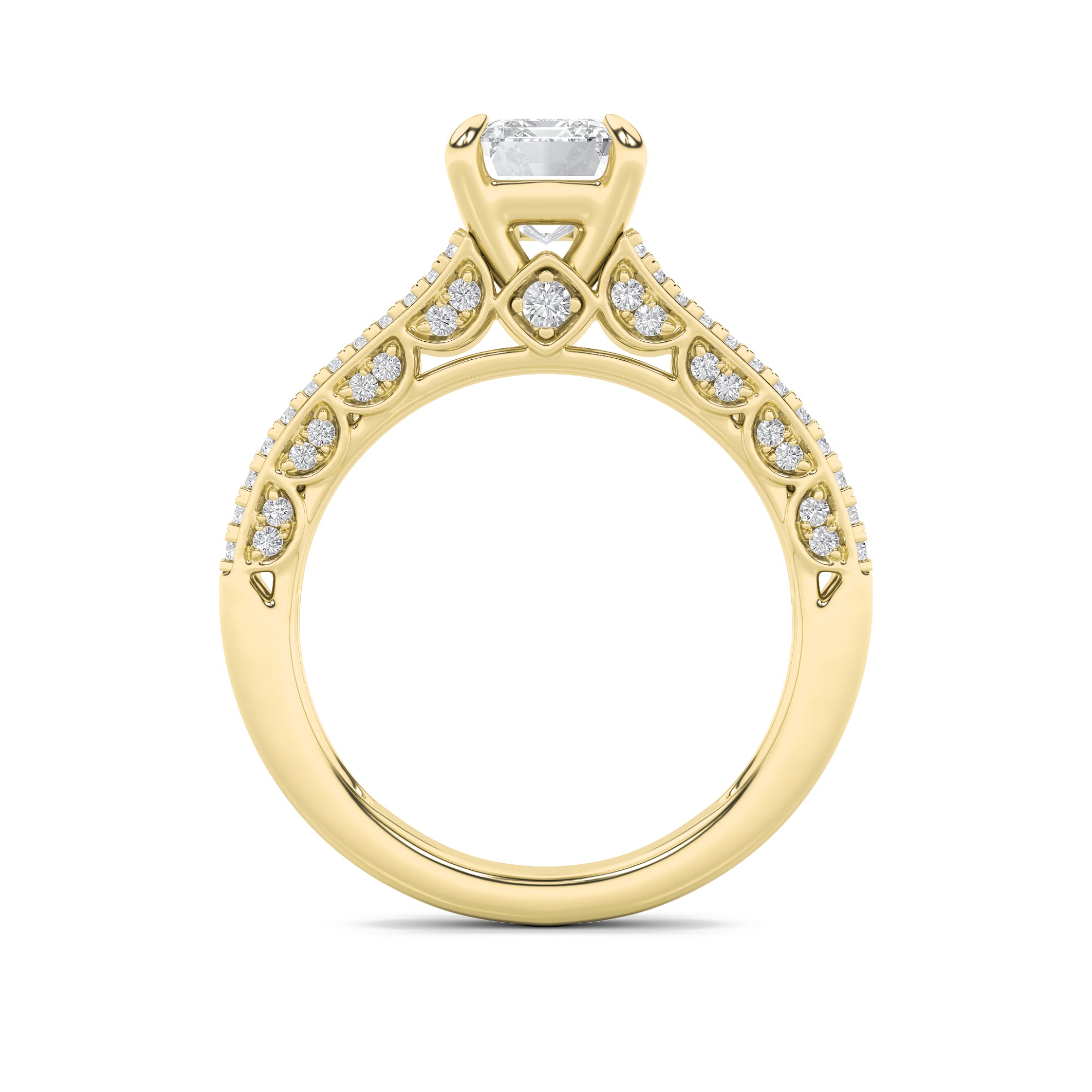 2CTW Emerald Shaped Lab Grown Diamond (F/VS) Split Shank Accented Engagement Ring in 14K Gold