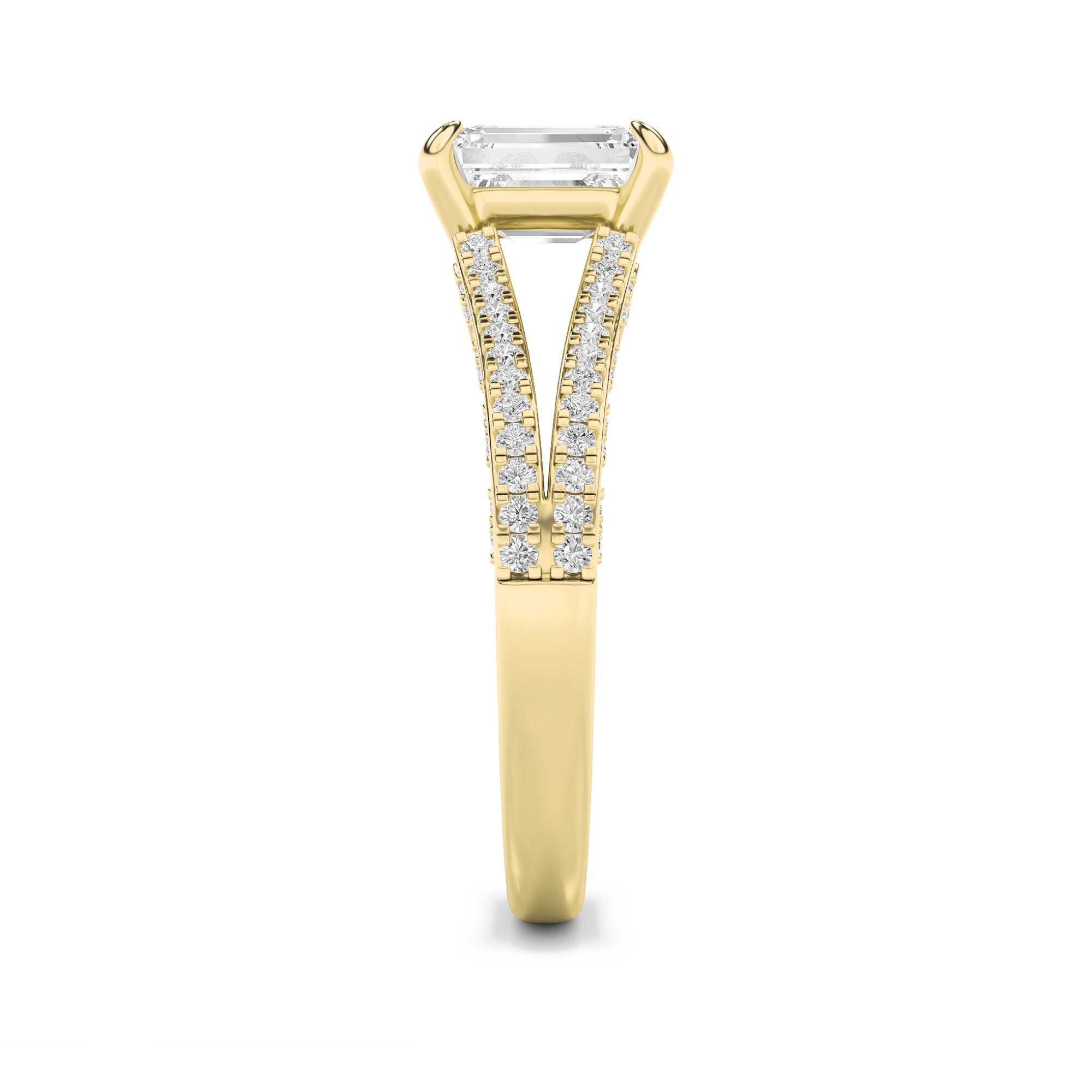 2CTW Emerald Shaped Lab Grown Diamond (F/VS) Split Shank Accented Engagement Ring in 14K Gold