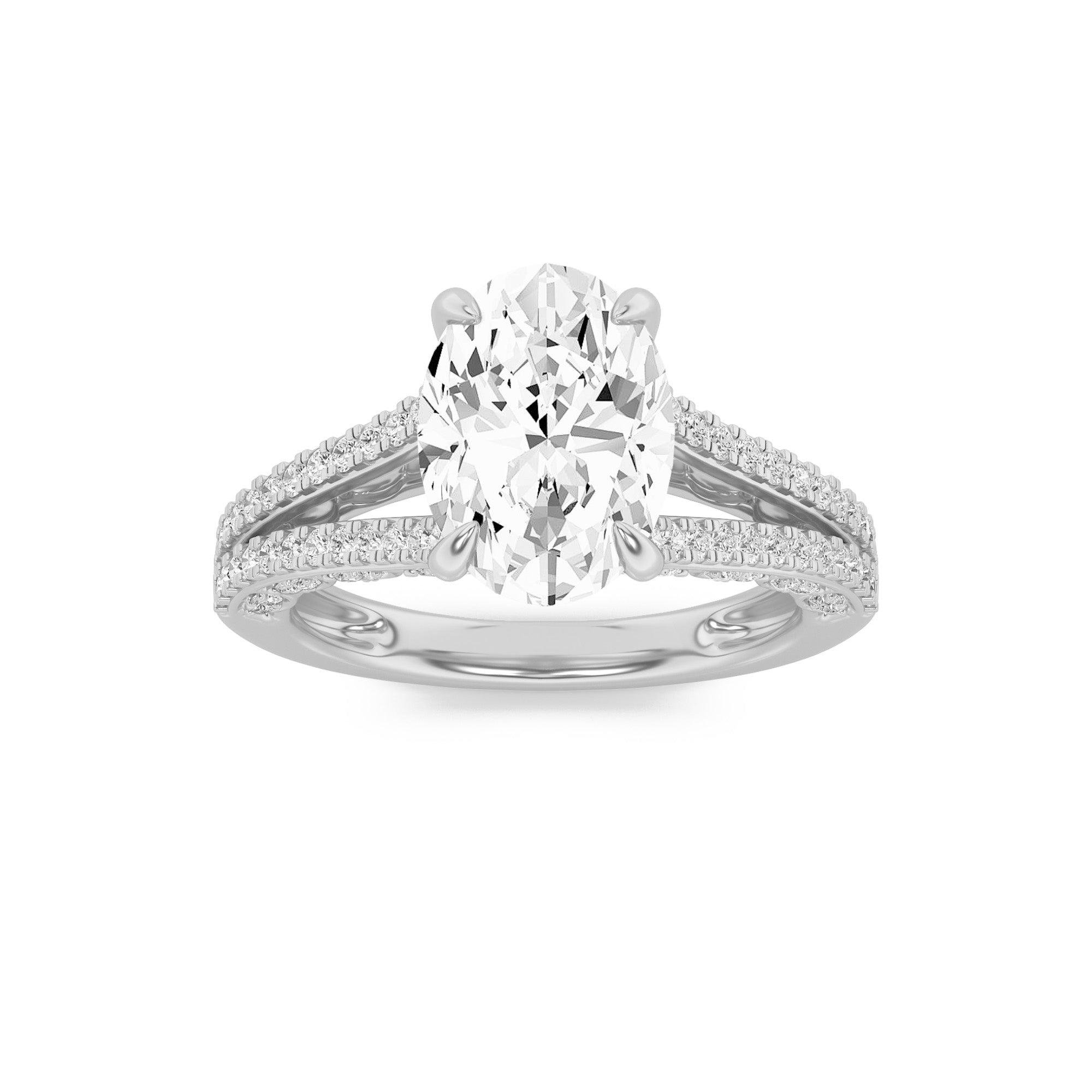 2CTW Oval Shaped Lab Grown Diamond (F/VS) Split Shank Accented Engagement Ring in 14K Gold