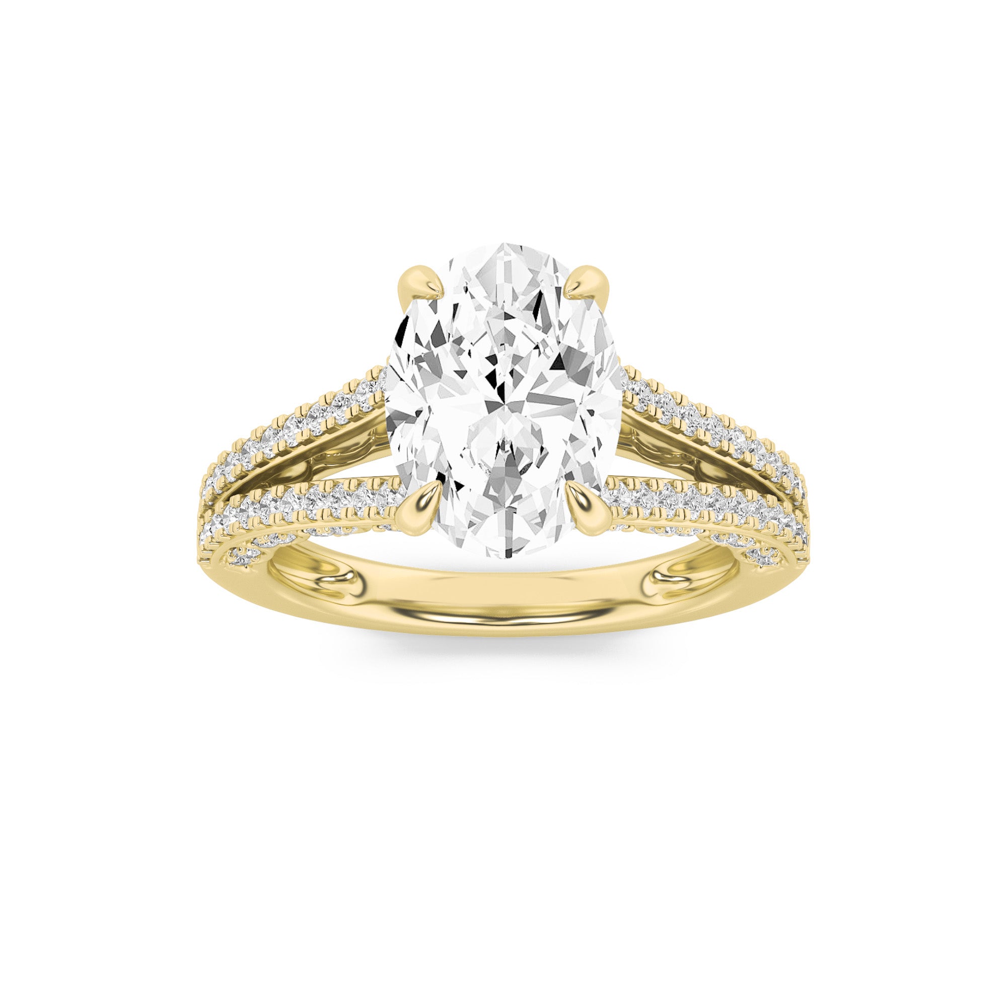 2CTW Oval Shaped Lab Grown Diamond (F/VS) Split Shank Accented Engagement Ring in 14K Gold