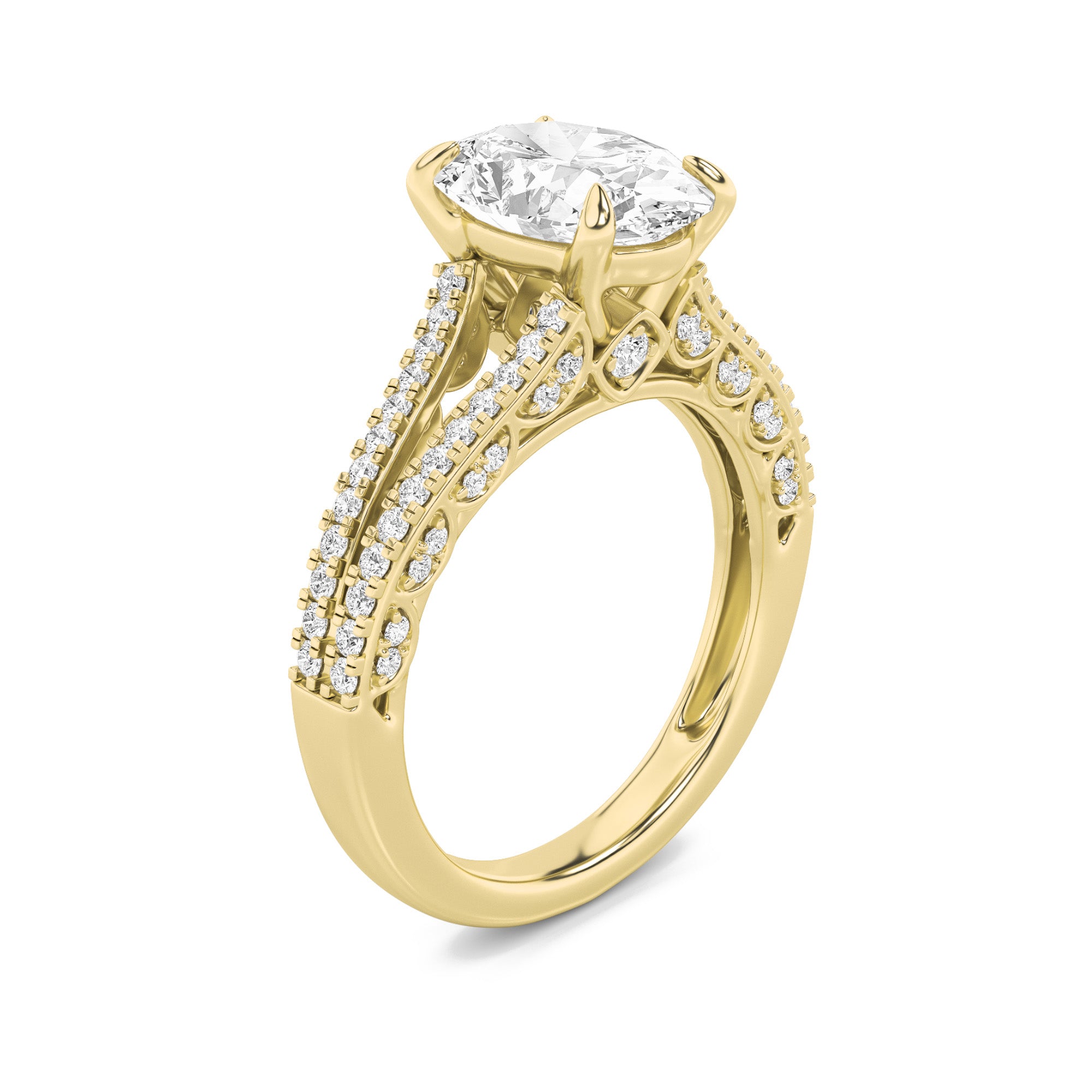2CTW Oval Shaped Lab Grown Diamond (F/VS) Split Shank Accented Engagement Ring in 14K Gold
