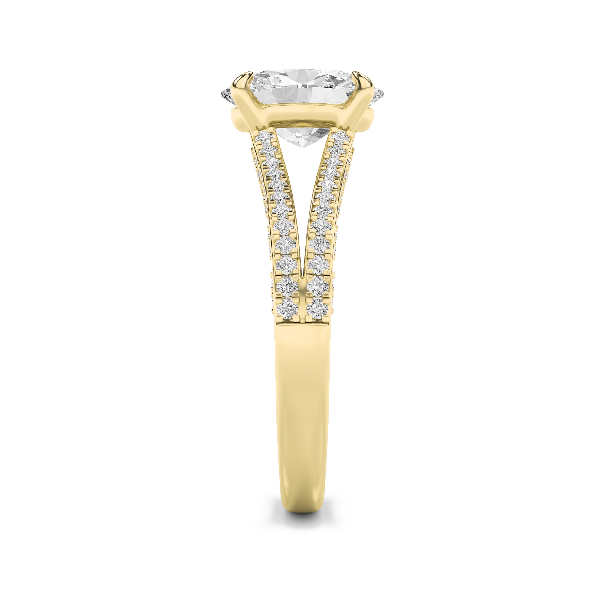 2CTW Oval Shaped Lab Grown Diamond (F/VS) Split Shank Accented Engagement Ring in 14K Gold