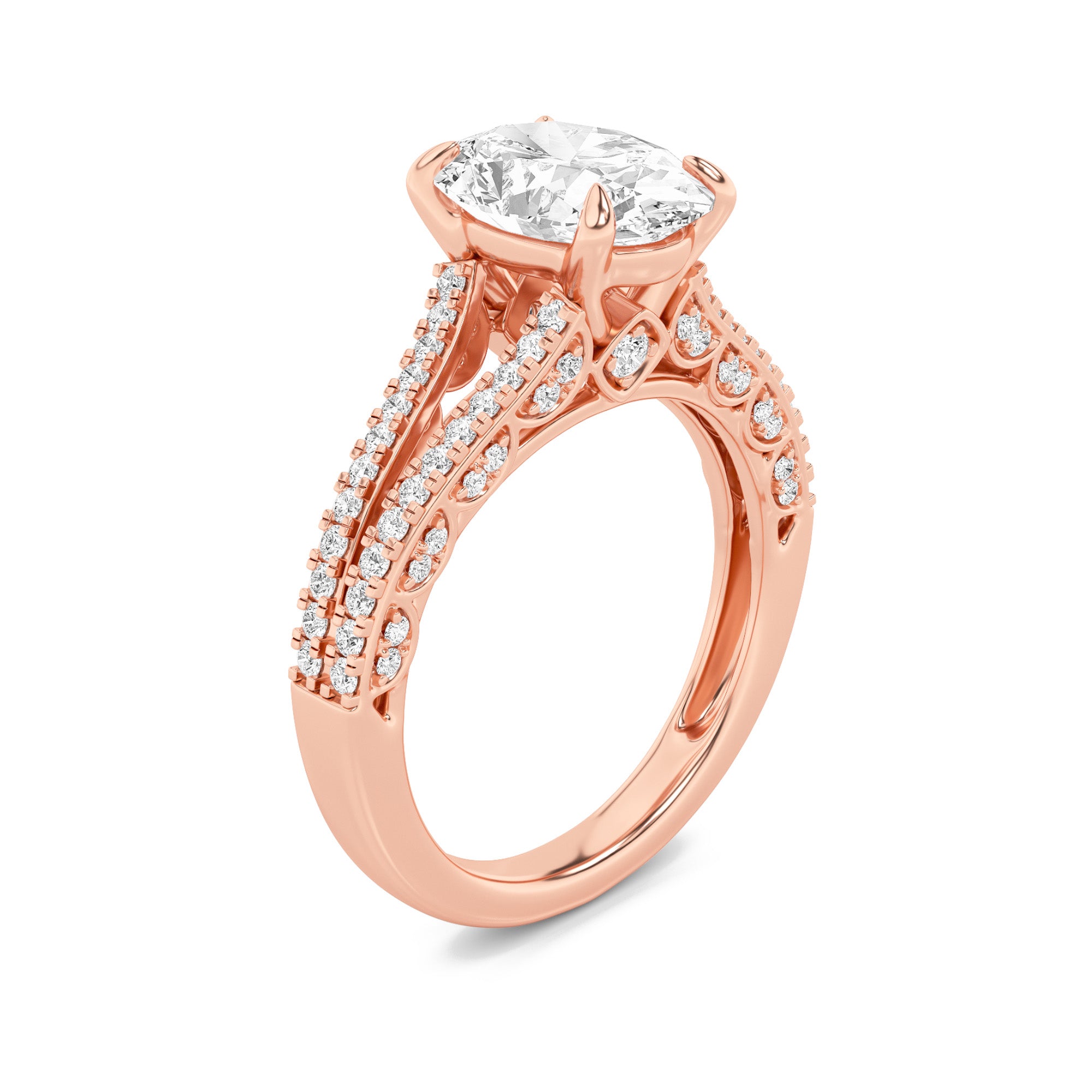2CTW Oval Shaped Lab Grown Diamond (F/VS) Split Shank Accented Engagement Ring in 14K Gold