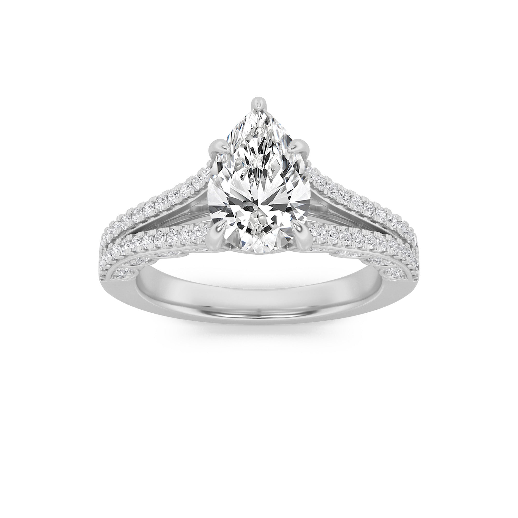 2CTW Pear Shaped Lab Grown Diamond (F/VS) Split Shank Accented Engagement Ring in 14K Gold