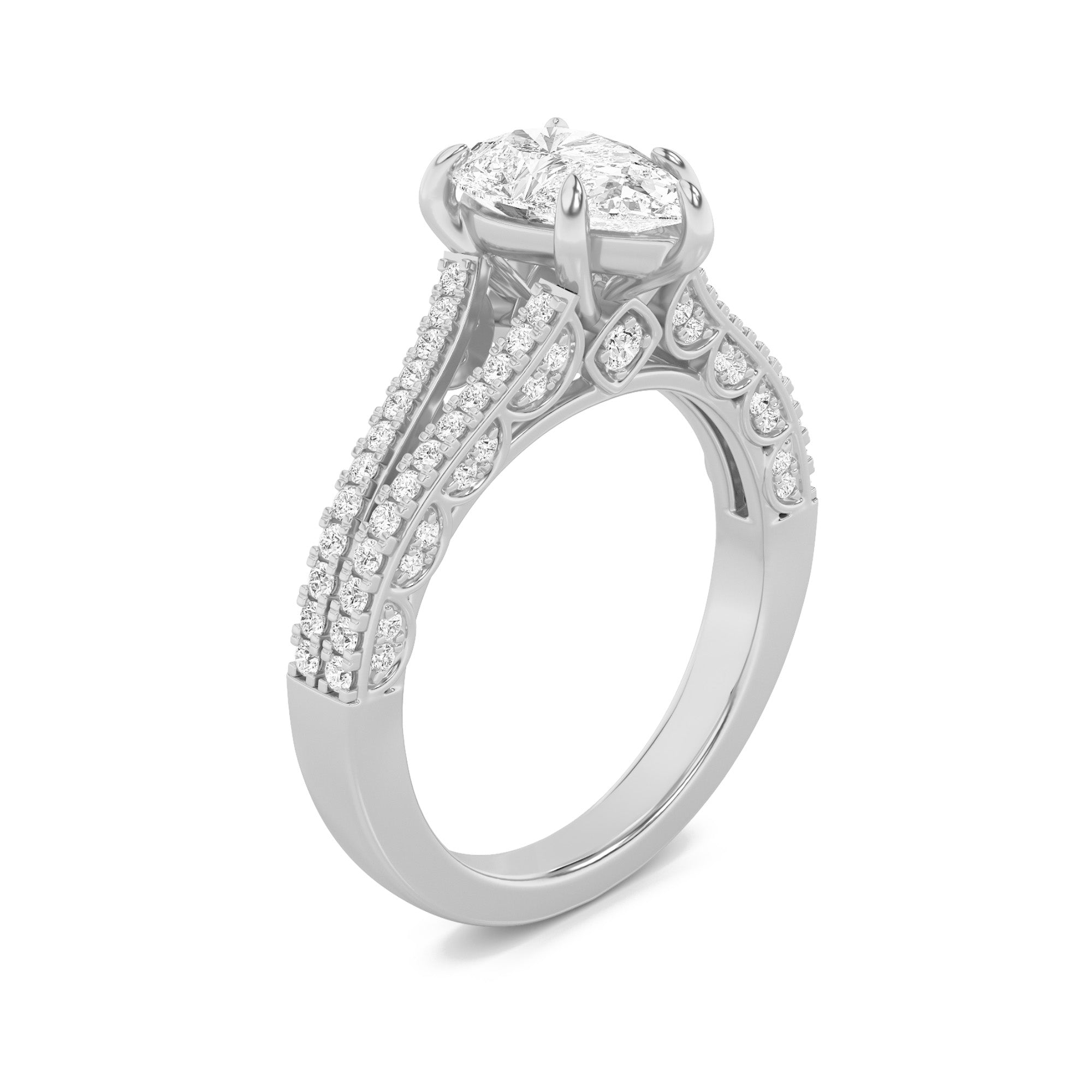 2CTW Pear Shaped Lab Grown Diamond (F/VS) Split Shank Accented Engagement Ring in 14K Gold