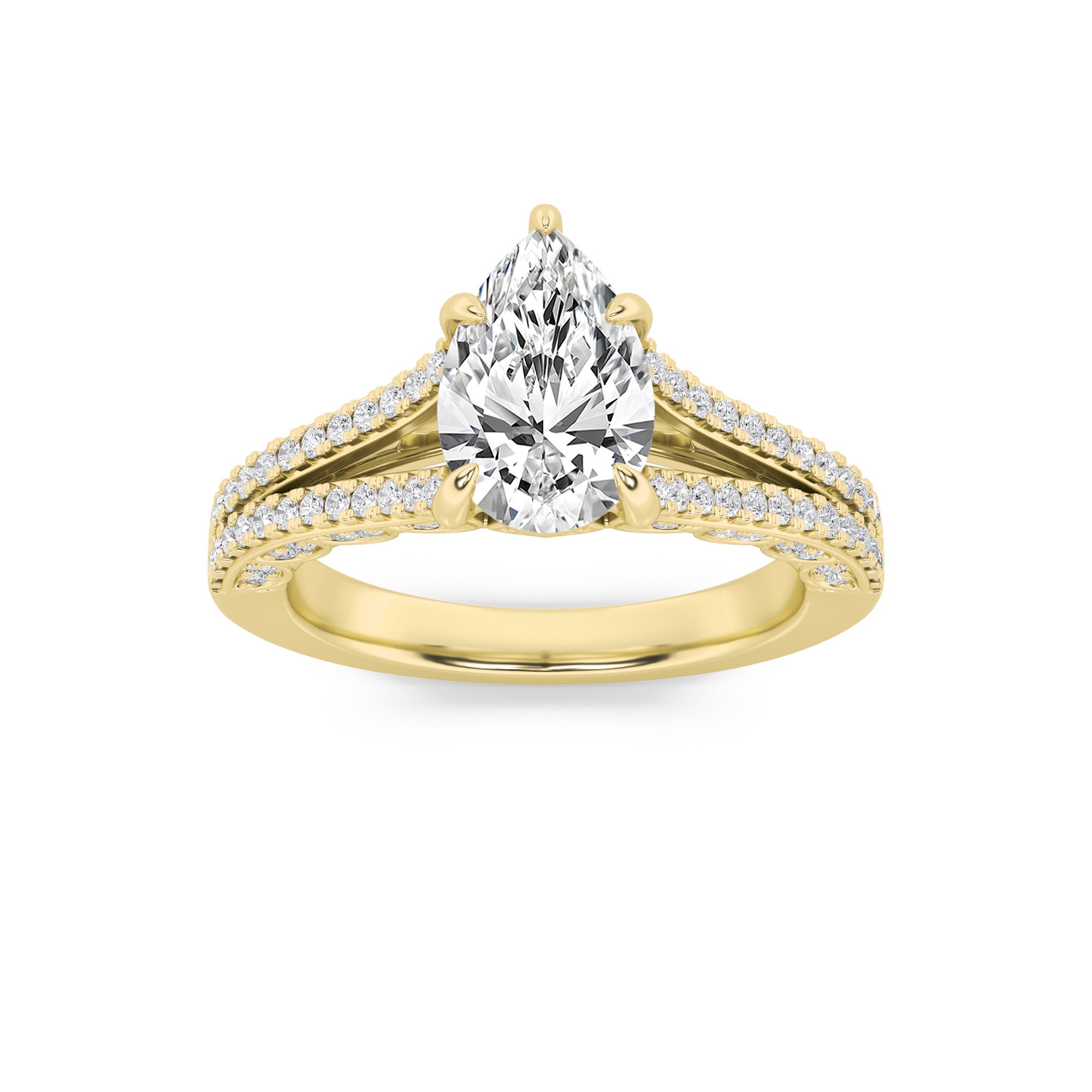 2CTW Pear Shaped Lab Grown Diamond (F/VS) Split Shank Accented Engagement Ring in 14K Gold