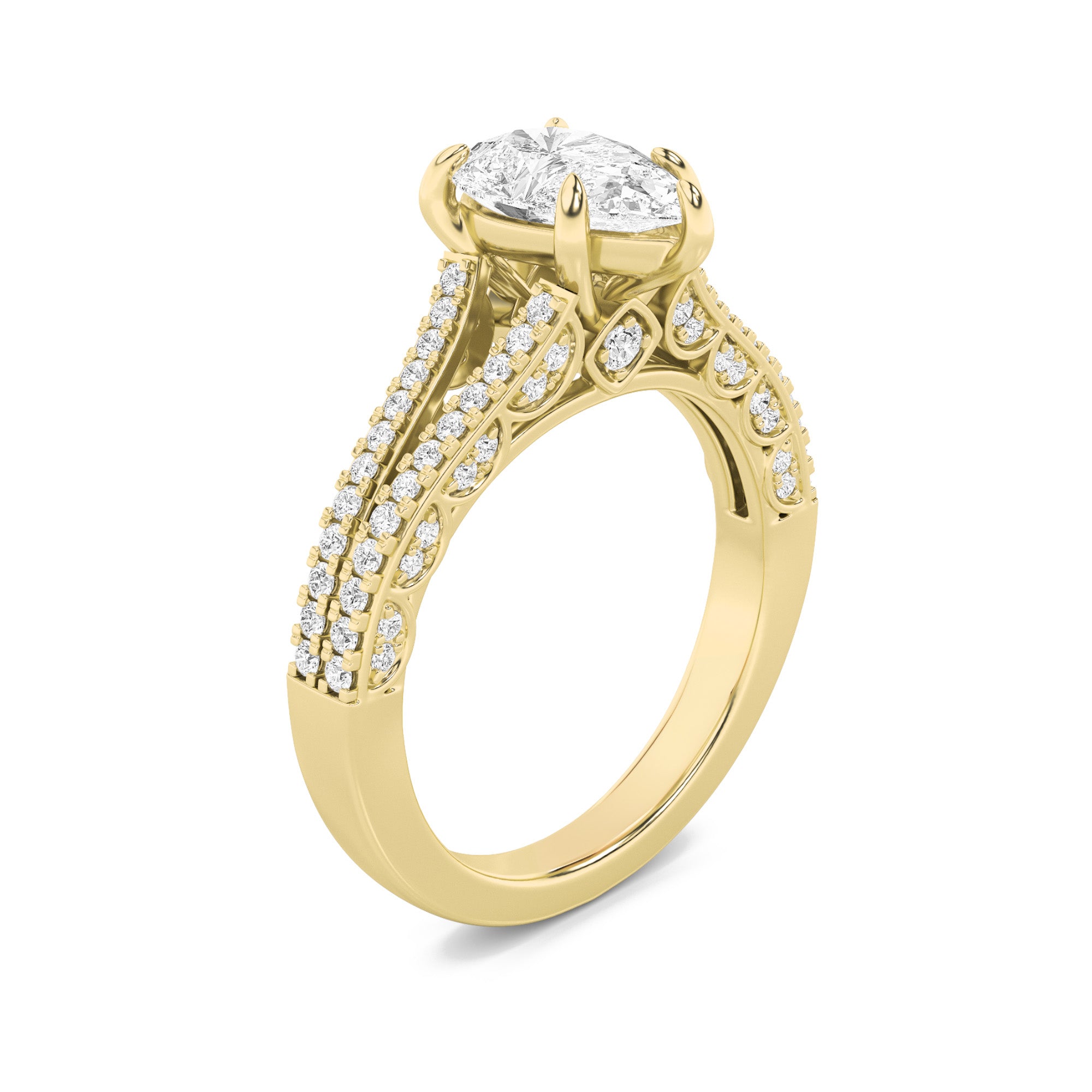 2CTW Pear Shaped Lab Grown Diamond (F/VS) Split Shank Accented Engagement Ring in 14K Gold