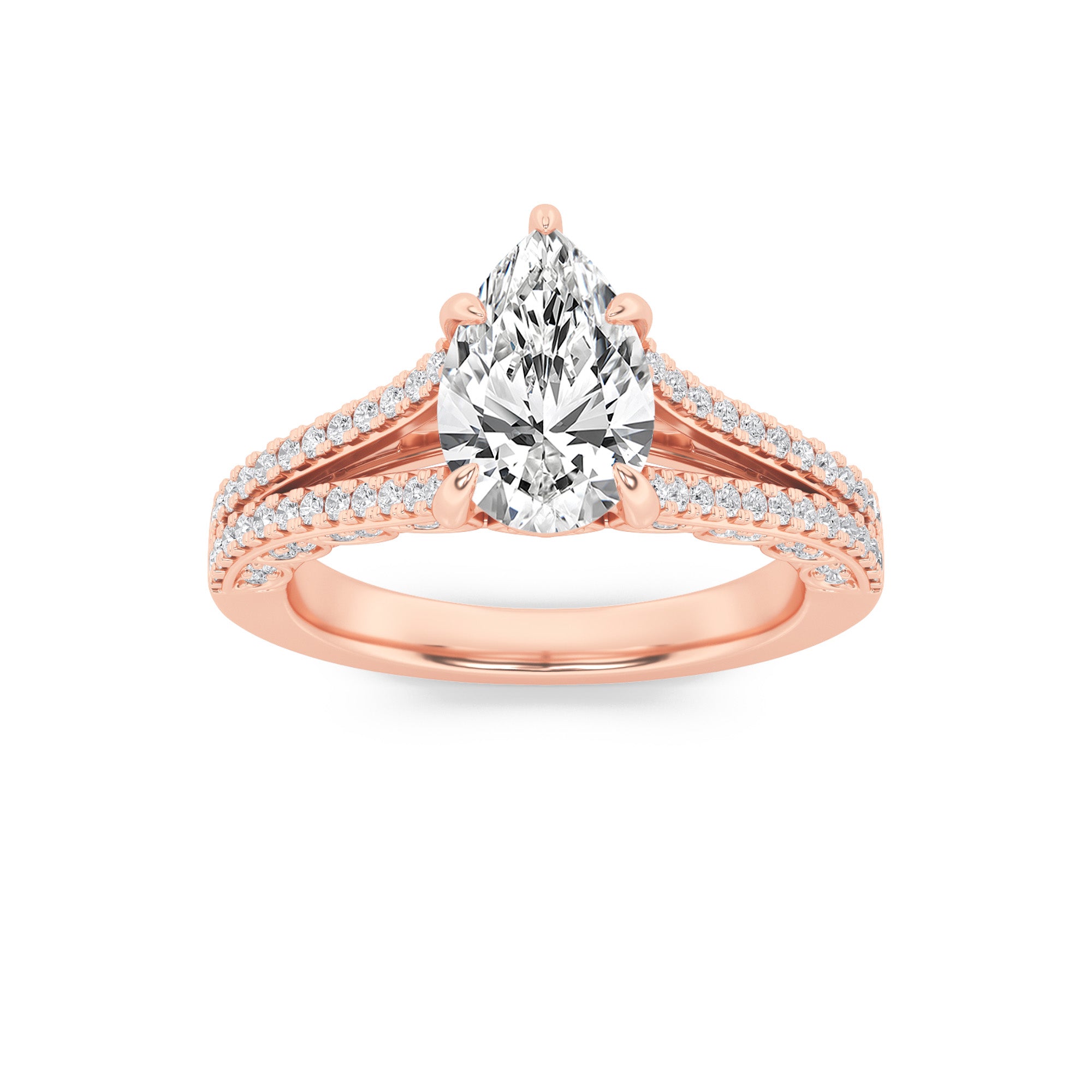 2CTW Pear Shaped Lab Grown Diamond (F/VS) Split Shank Accented Engagement Ring in 14K Gold