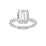 2CTW Emerald Shaped Lab Grown Diamond (F/VS) Halo Accented Engagement Ring in 14K Gold
