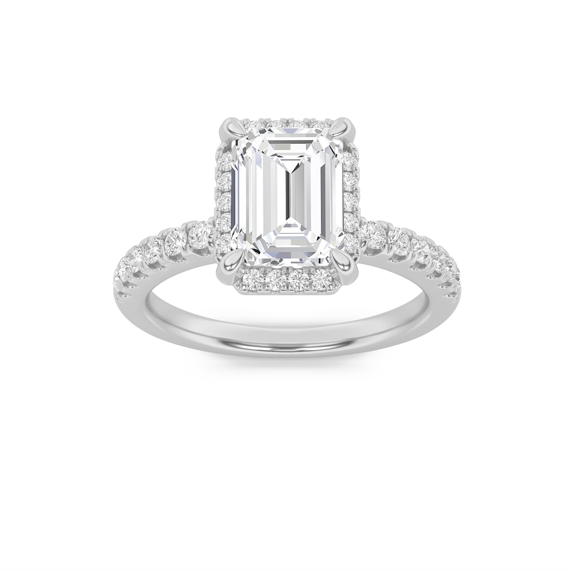 2CTW Emerald Shaped Lab Grown Diamond (F/VS) Halo Accented Engagement Ring in 14K Gold