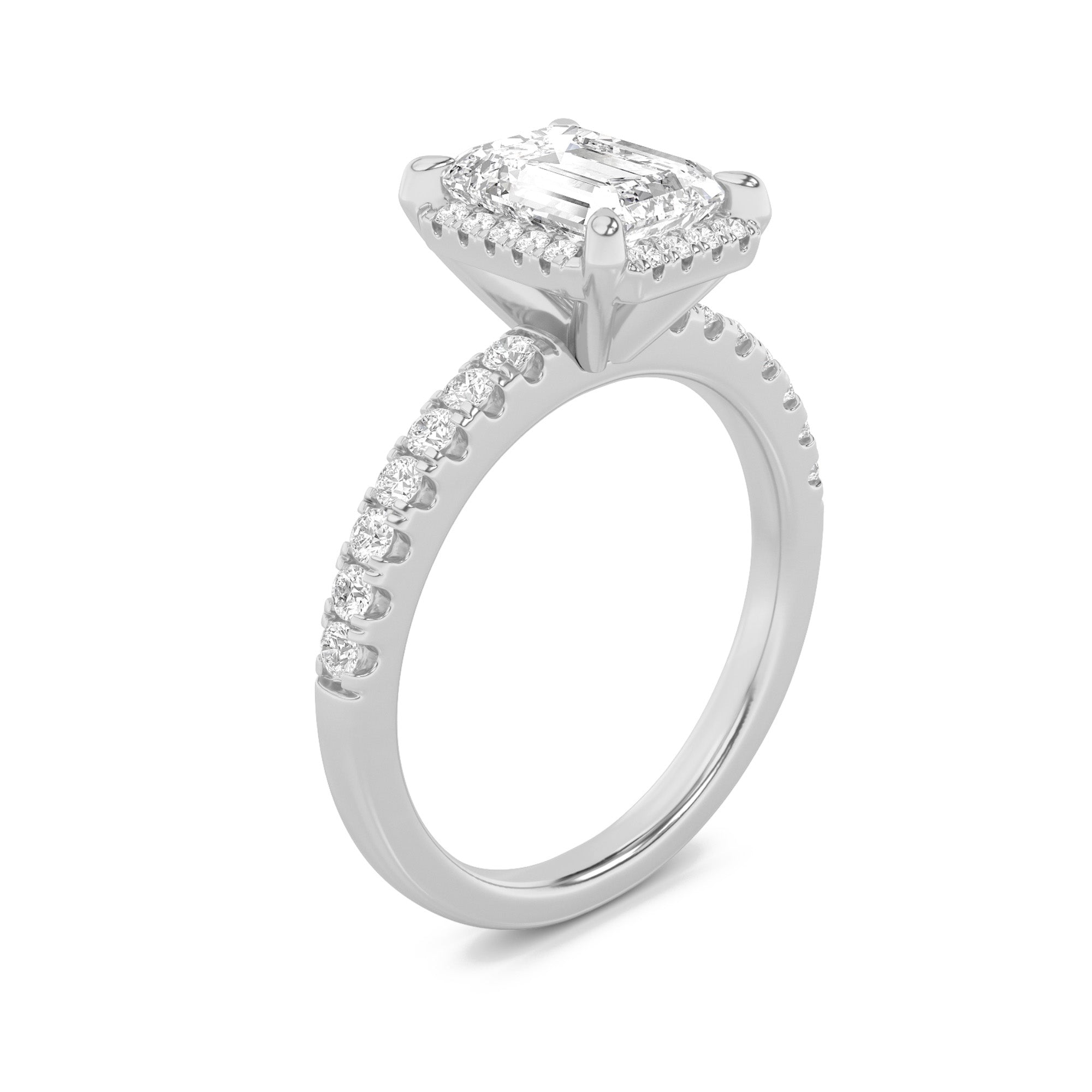 2CTW Emerald Shaped Lab Grown Diamond (F/VS) Halo Accented Engagement Ring in 14K Gold