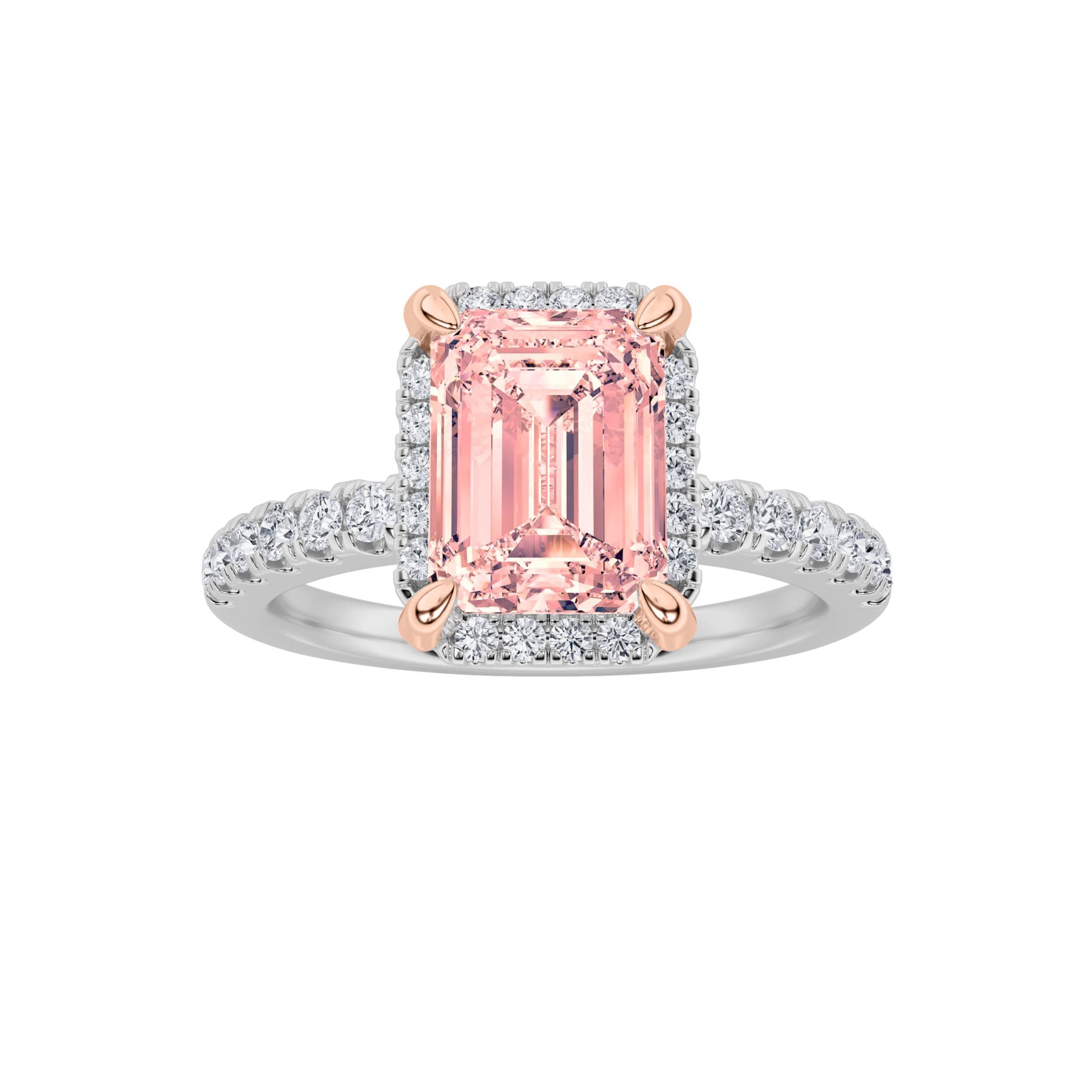 2CTW Emerald Shaped Lab Grown Diamond (F/VS) Halo Accented Engagement Ring in 14K Gold