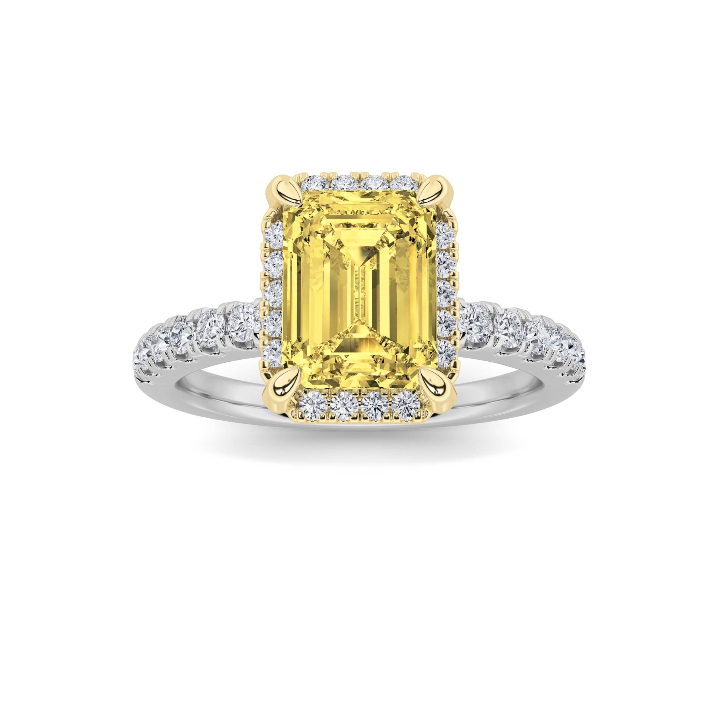 2CTW Emerald Shaped Lab Grown Diamond (F/VS) Halo Accented Engagement Ring in 14K Gold