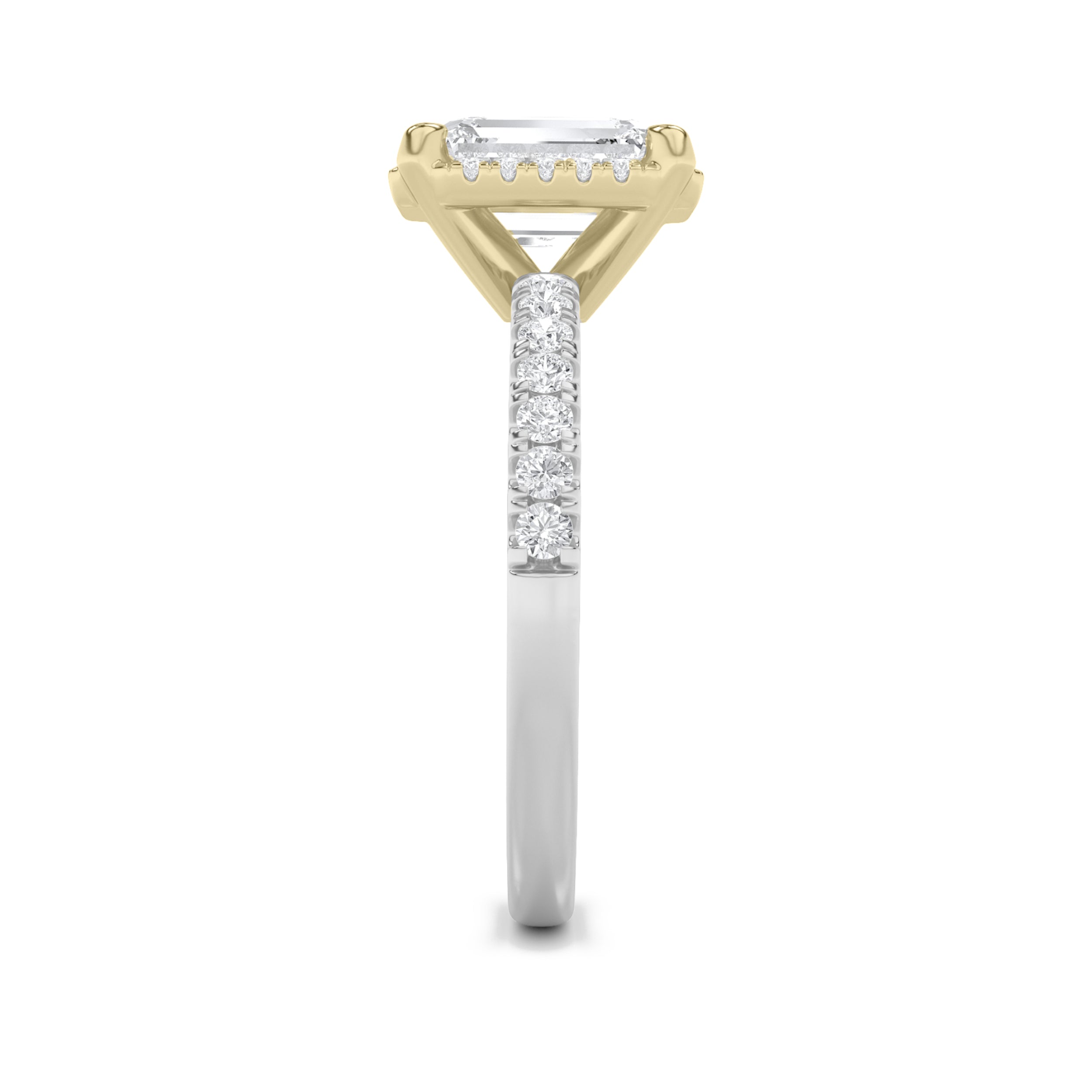 2CTW Emerald Shaped Lab Grown Diamond (F/VS) Halo Accented Engagement Ring in 14K Gold