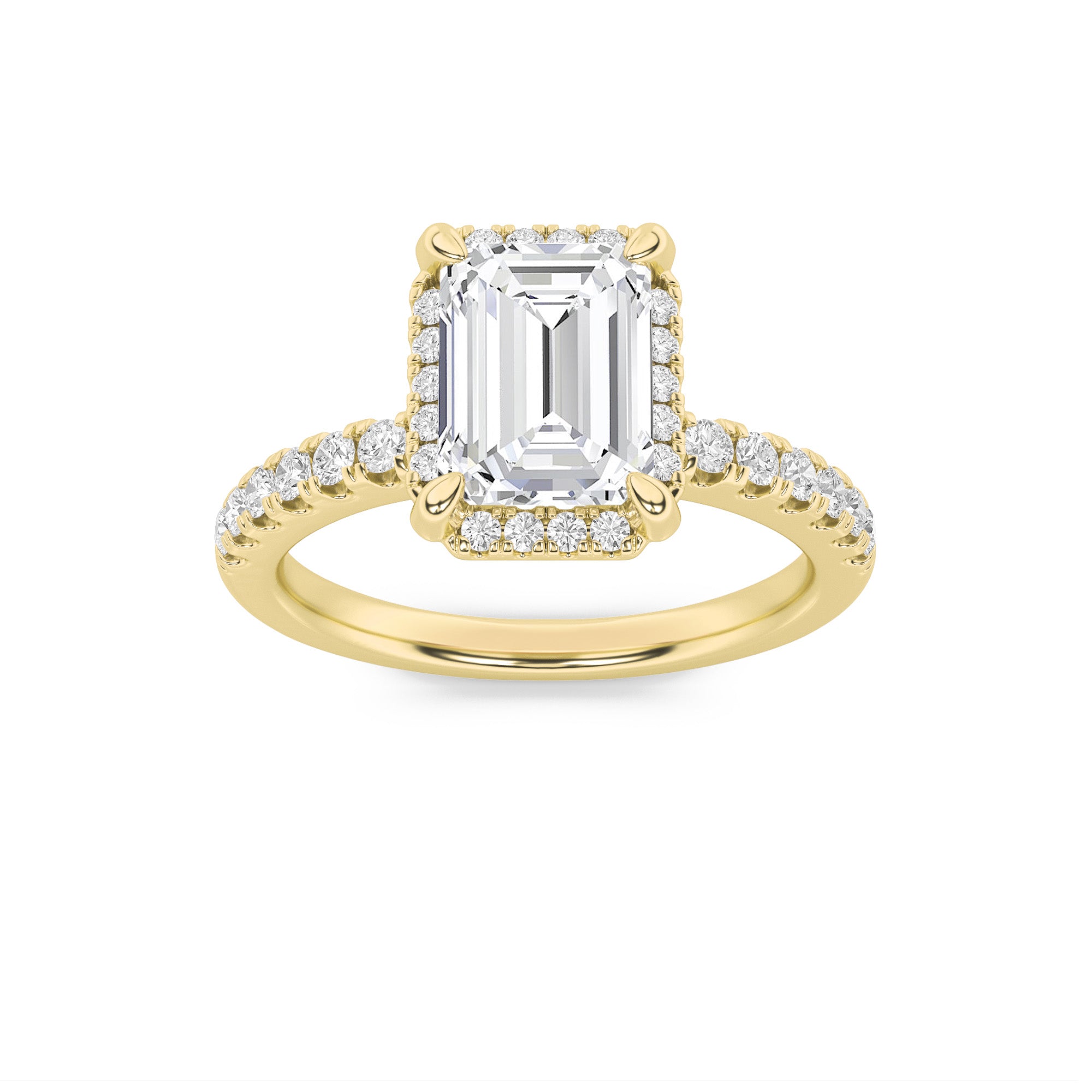 2CTW Emerald Shaped Lab Grown Diamond (F/VS) Halo Accented Engagement Ring in 14K Gold