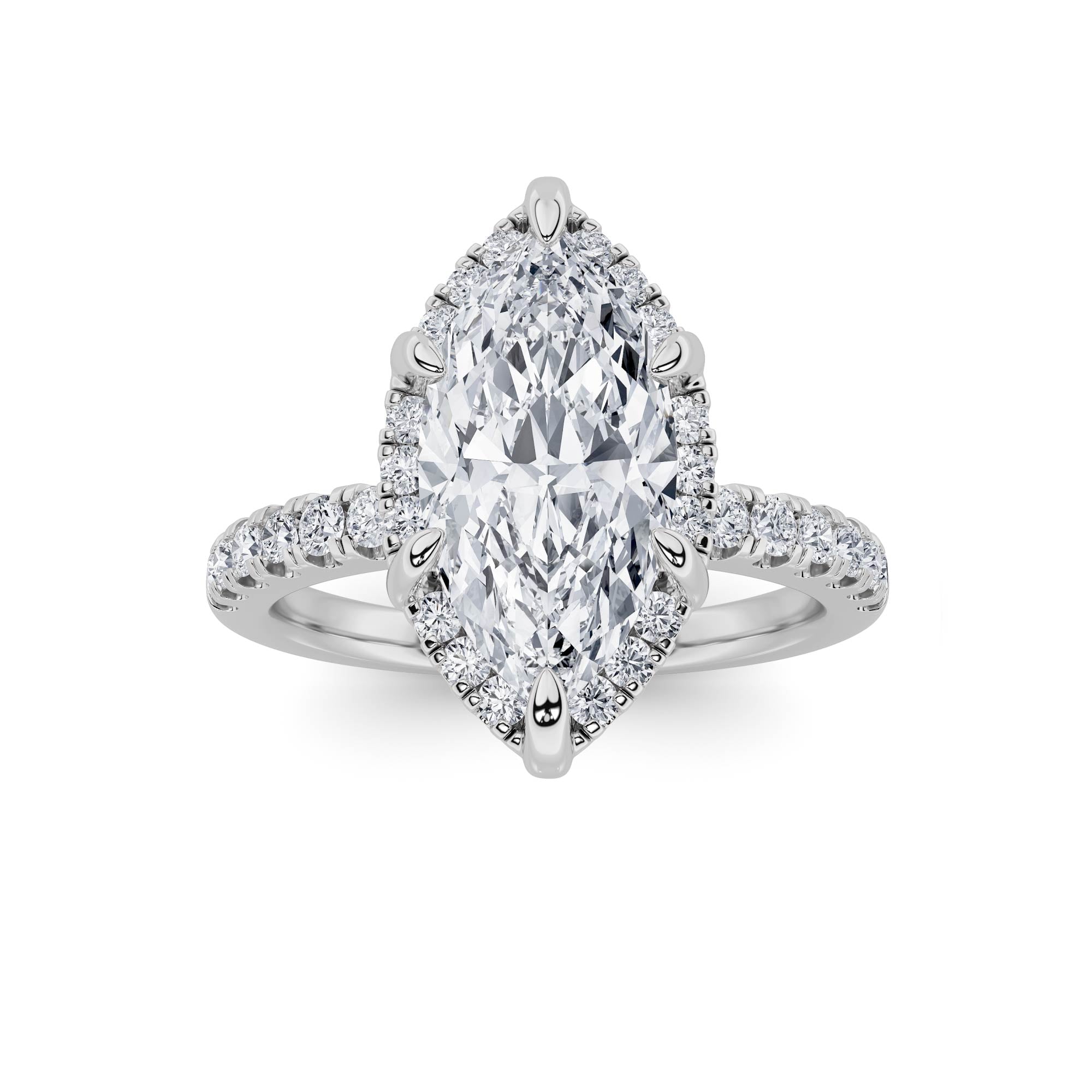2CTW Marquise Shaped Lab Grown Diamond (F/VS) Halo Accented Engagement Ring in 14K Gold