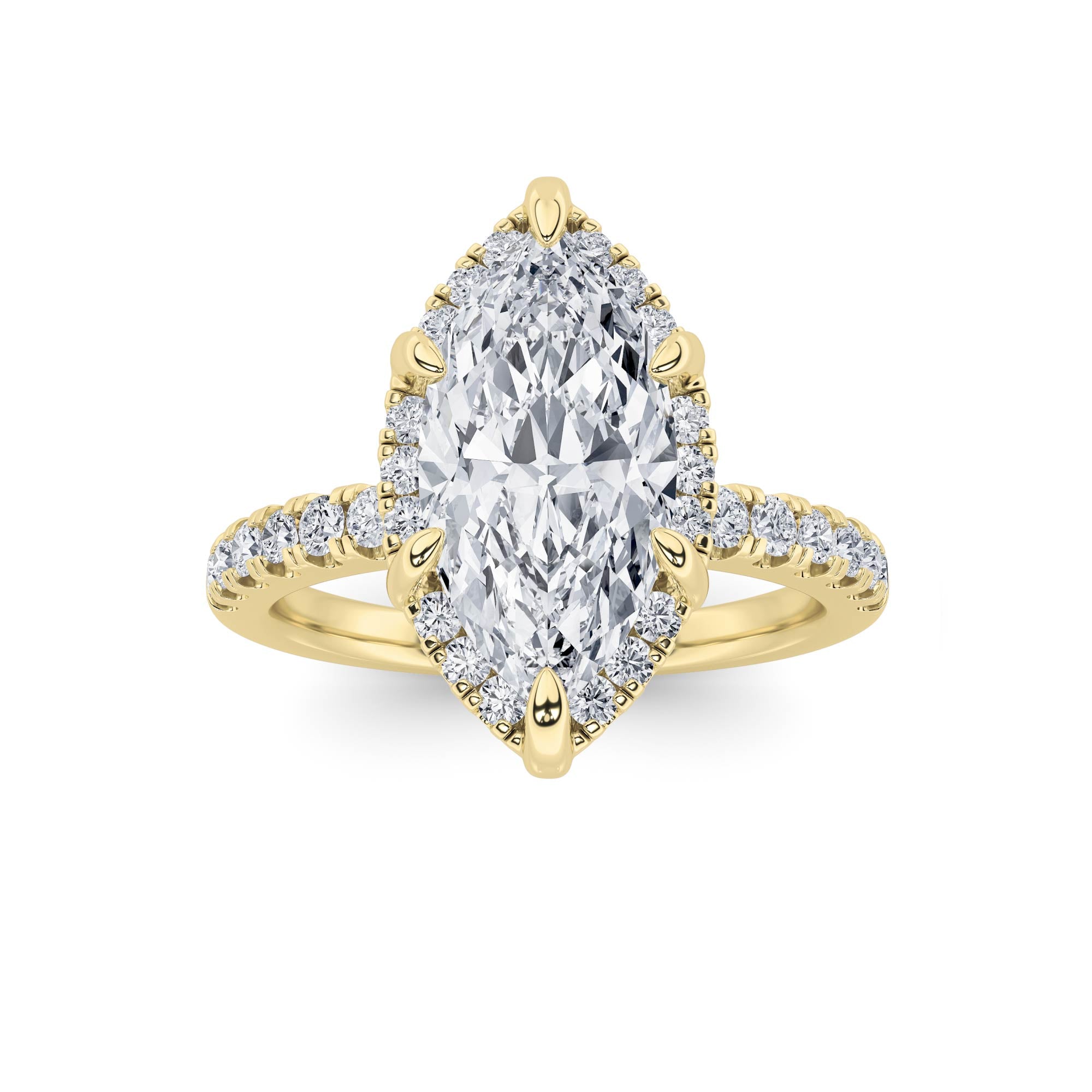 2CTW Marquise Shaped Lab Grown Diamond (F/VS) Halo Accented Engagement Ring in 14K Gold
