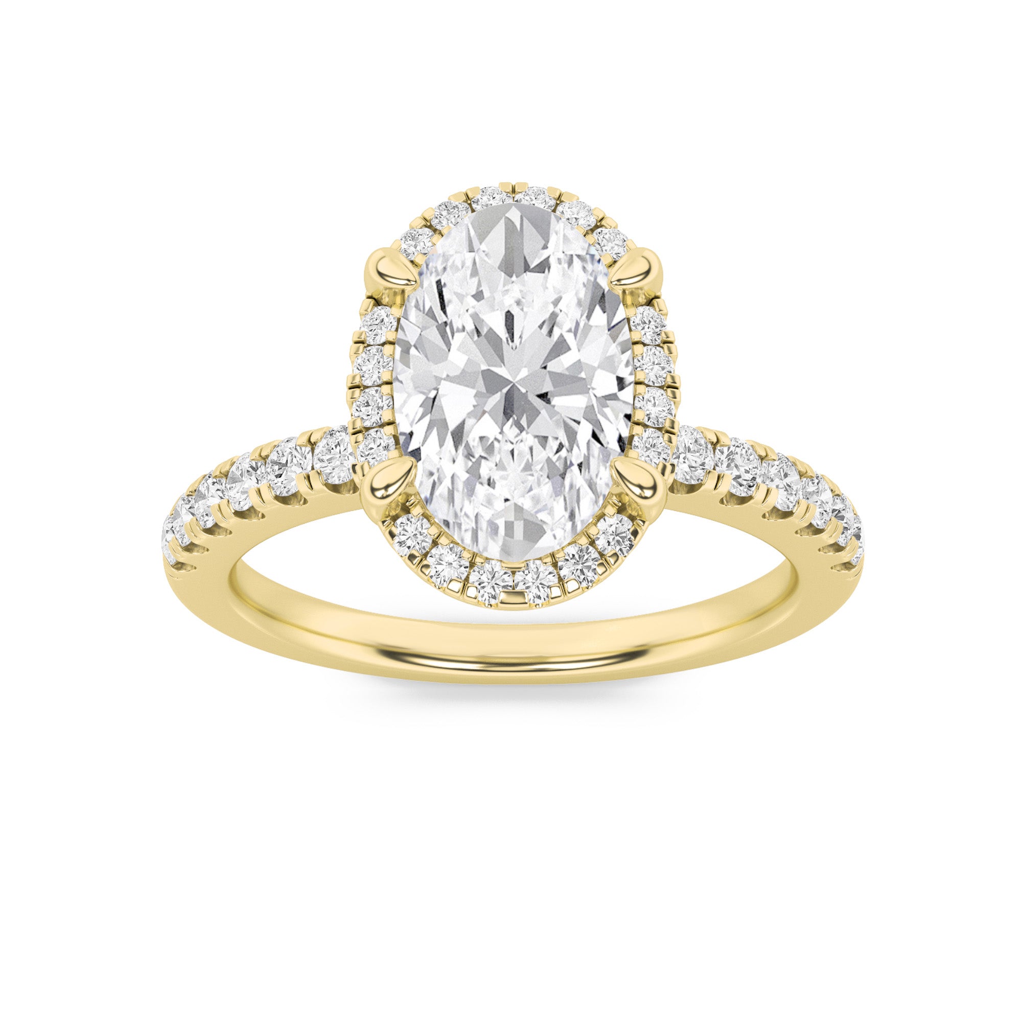 2CTW Oval Shaped Lab Grown Diamond (F/VS) Halo Accented Engagement Ring in 14K Gold